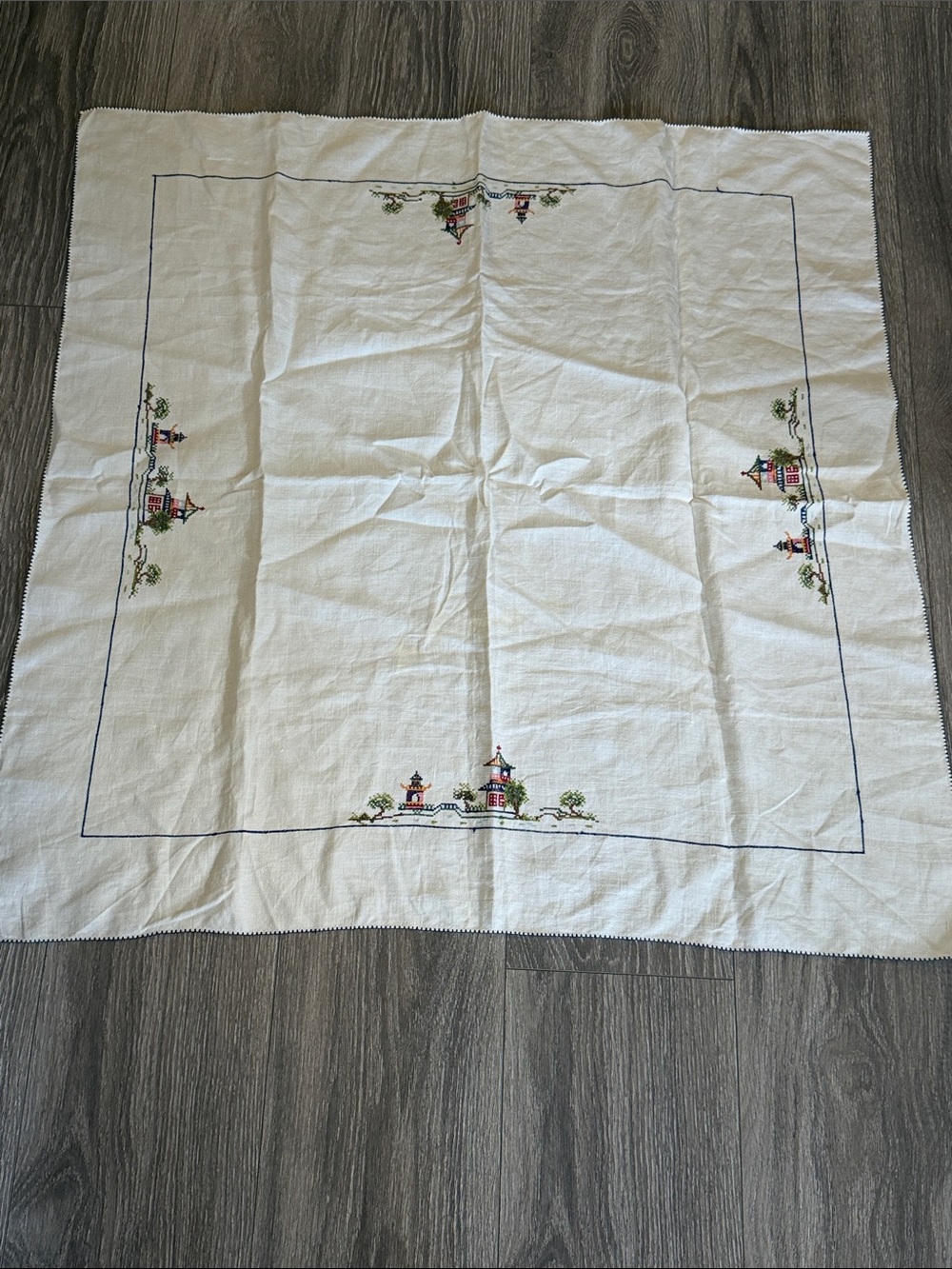 Vintage Small Square Linen Blend Asian Theme Table Cloth Cover